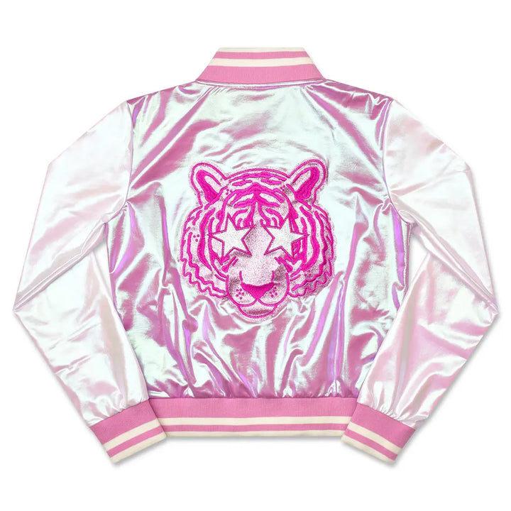 Youth Pink Tiger Metallic Varsity Jacket