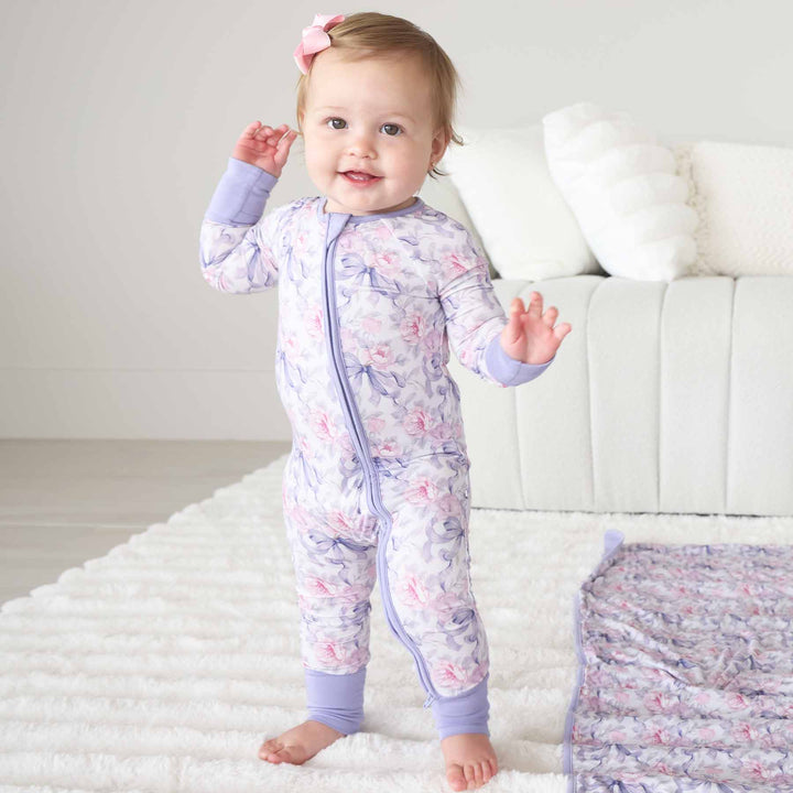 Lavender Bows & Roses Convertible Zip Romper - Caden Lane