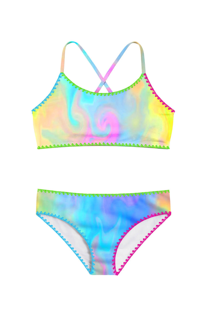 Luna Marble Print Bikini Swimsuit Set with Embroidered Trim