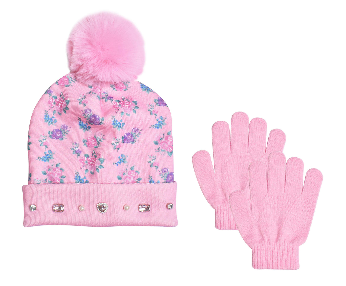 Floral Print Pink Hat & Glove Set - OMG Accessories