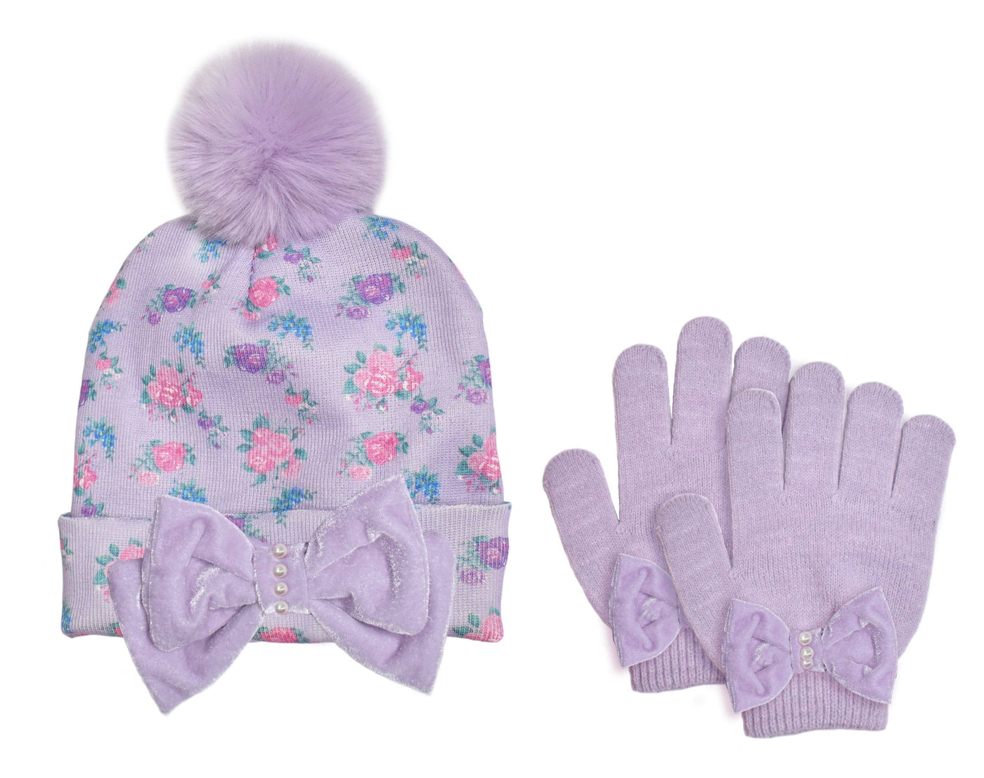 Floral Print Lavender Hat & Glove Set - OMG Accessories