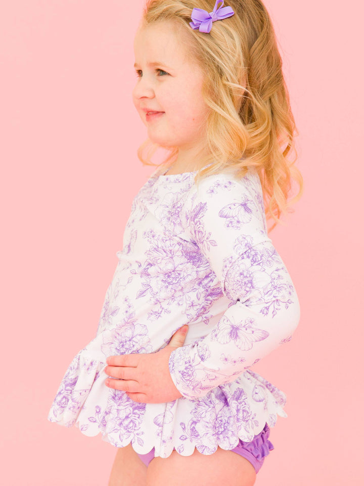 Purple Toile 2PC Rash Guard Swimsuit Set - RuffleButts