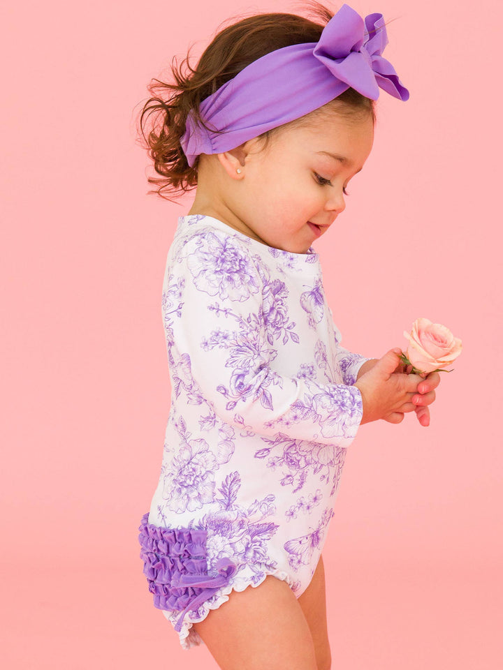 Purple Toile L/S Baby Girl Swimsuit - RuffleButts