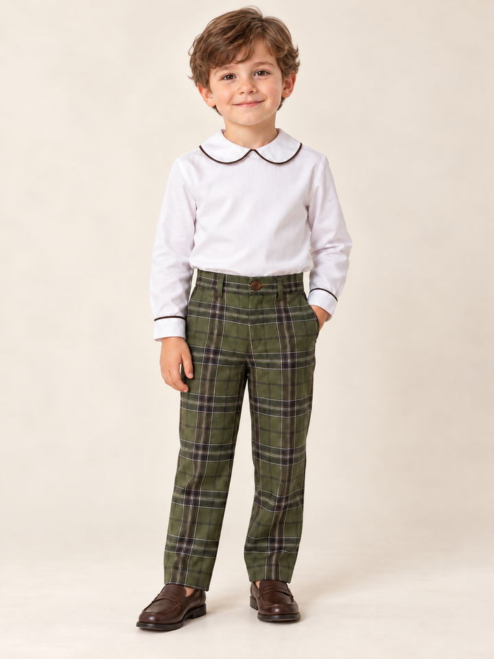 Highland Plaid Pant and White w/ Brown Trim Peter Shirt - Zuccini Kids
