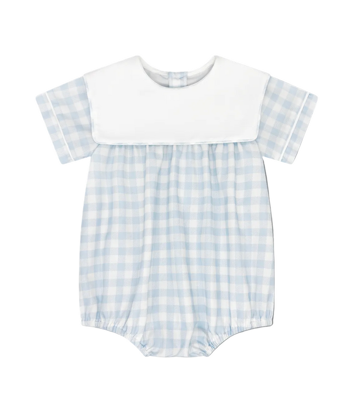 Baby bubble with blue and white checkered print with square collar