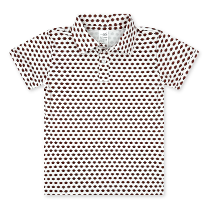 A short-sleeve polo shirt with a brown and white football pattern, displayed flat against a plain white background.