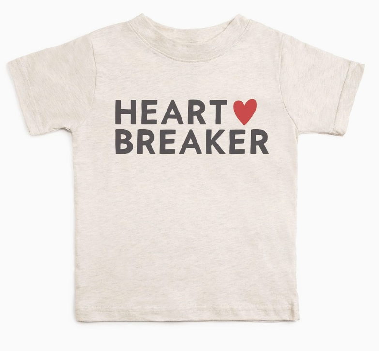 Beige t-shirt with 'HEART BREAKER' text and a red heart. Boys Valentines Day T-Shirt