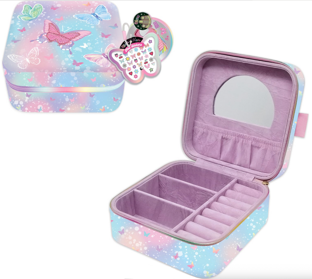 Jewelry case with butterfly design and mirror on a white background