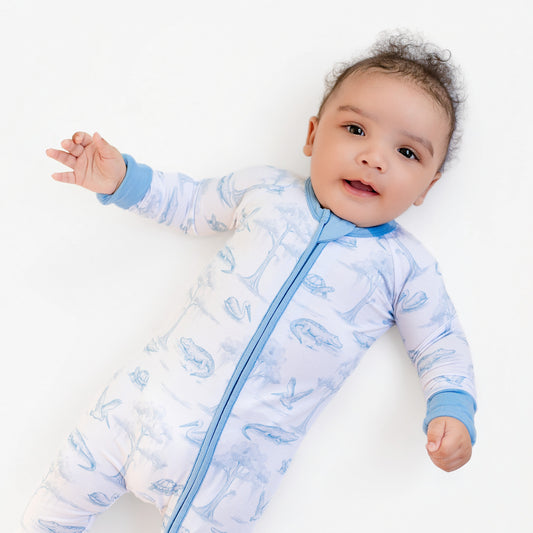 Blue Bayou Toile Zip-Up Footie - Pearls & Pelicans