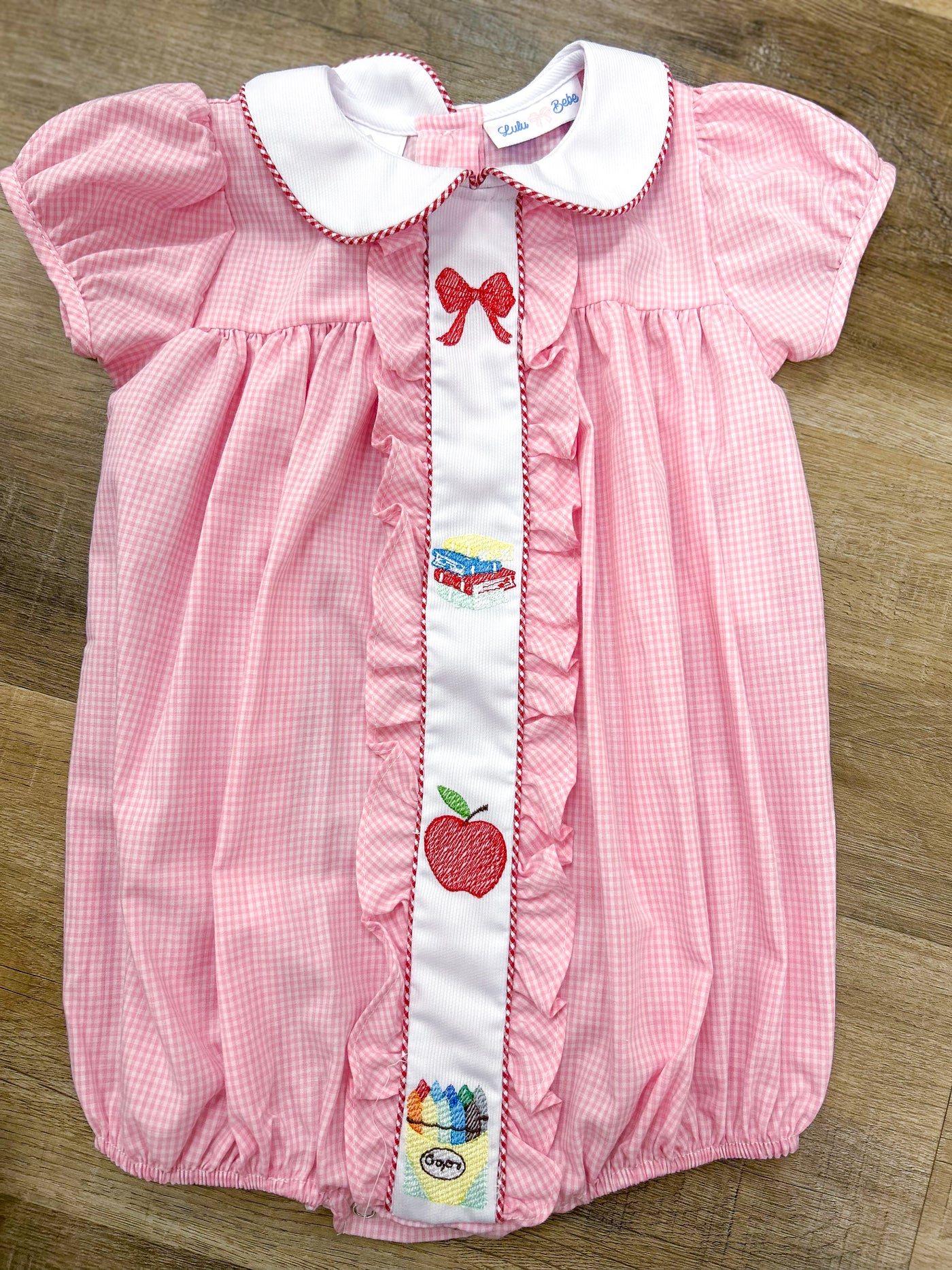 Pink Embroidered Ruffle School Bubble - Lulu Bebe