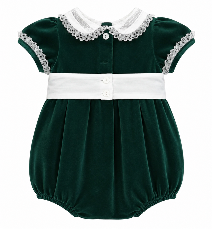 Green Velvet Lace Sash Bubble - Lulu Bebe