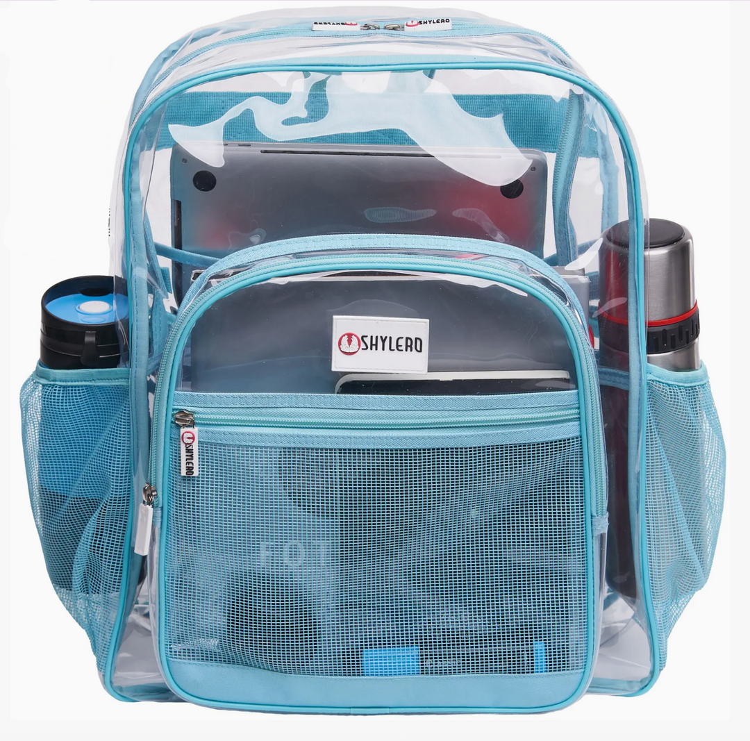 Clear blue backpack with mesh side pockets, lock, and water bottles on a white background