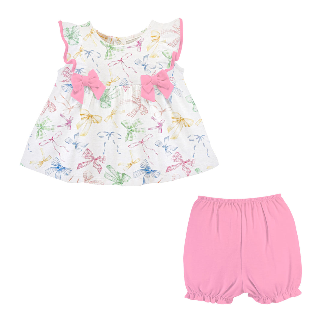 girls short set with bows pattern and pink shorts on a white background