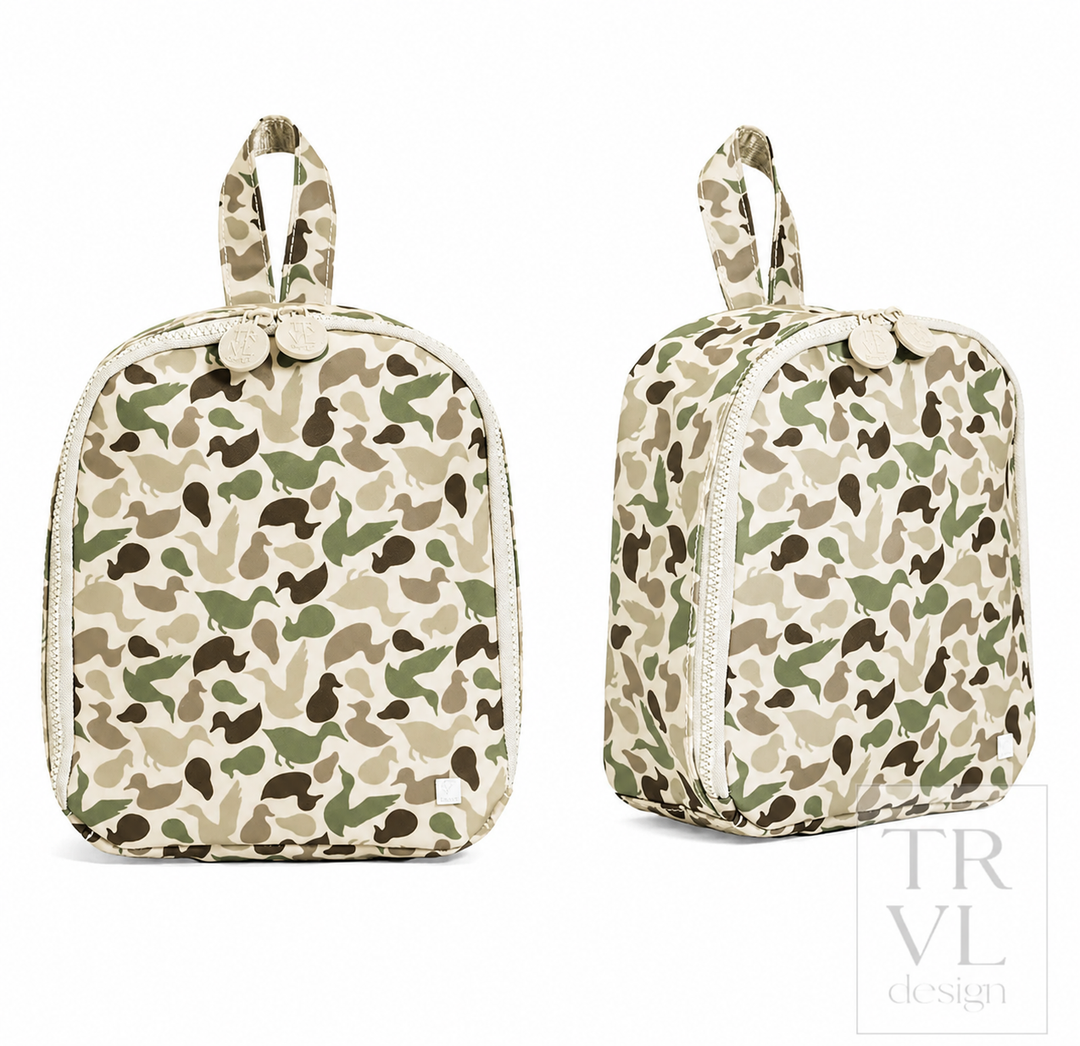 Two small backpack-style lunch bags with a beige, green, and brown camouflage pattern, shown from the front and side on a white background.