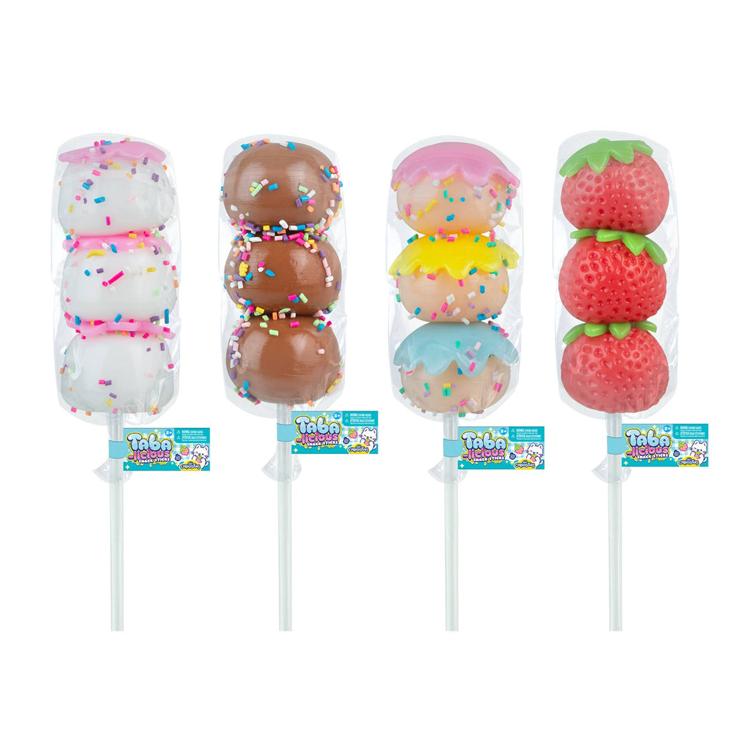 Four colorful squishy lollipops toys with packaging on a white background