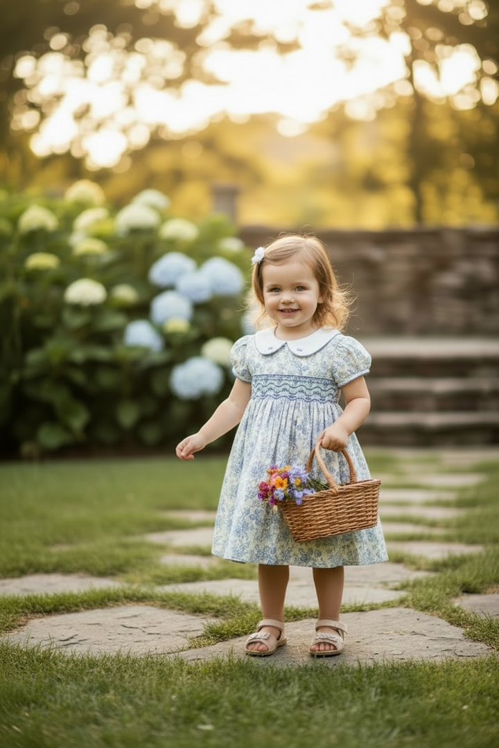 Blue Toile Smocked Dress - Lulu Bebe