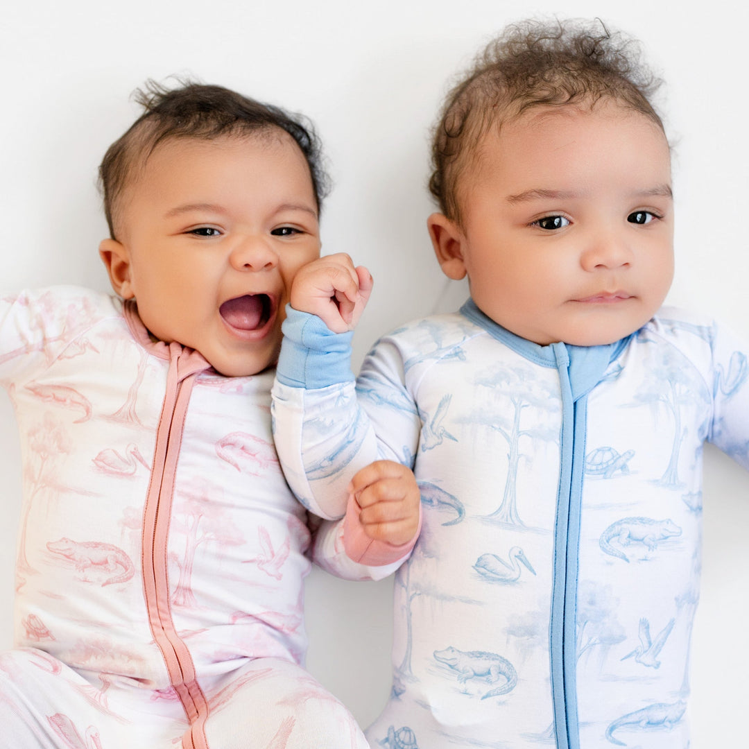 Pink Bayou Toile Zip-Up Footie - Pearls & Pelicans