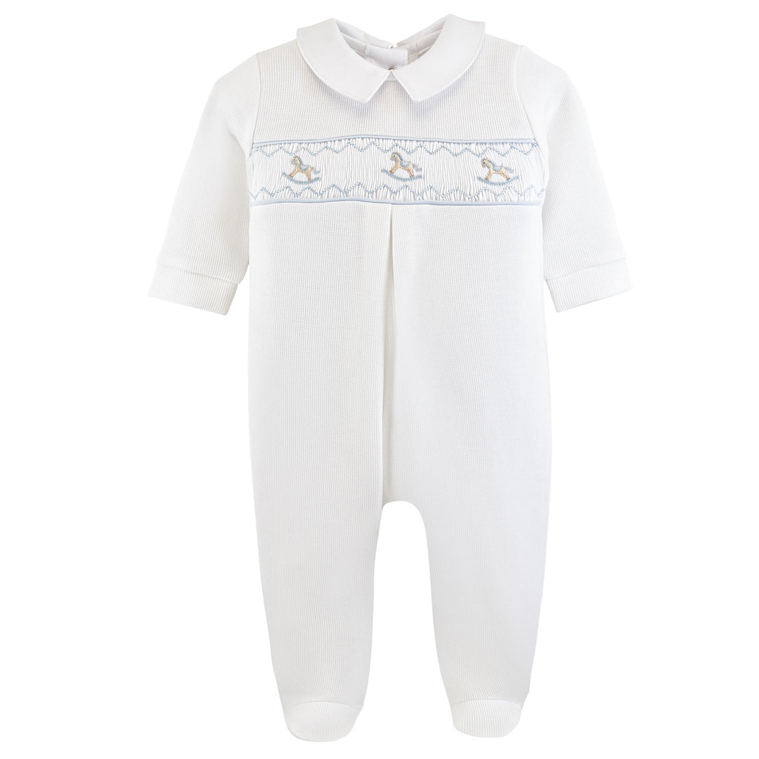 Smocked Blue Rocking Horse Footie - Baby Club Chic