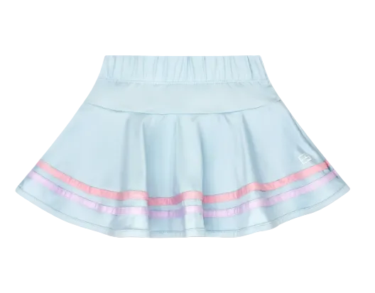 Light blue skirt with pink and white striped trim on a light gray background