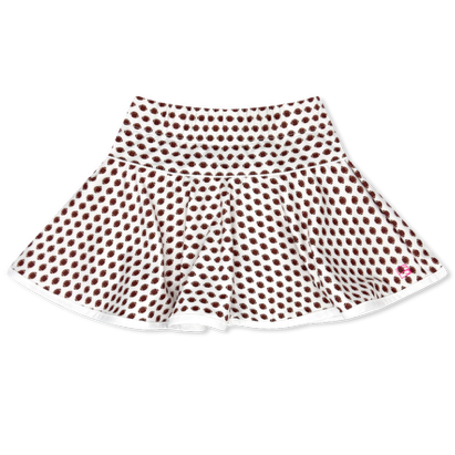 A white flared skirt with a brown football pattern and a white trim along the hem, shown against a plain white background.