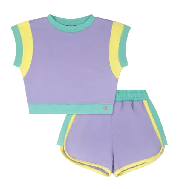 Children's purple sleeveless top and shorts set with green and yellow accents on a light gray background