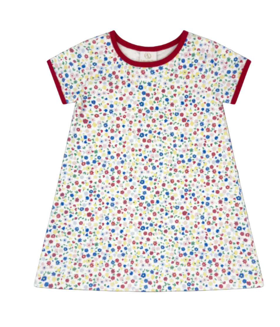 Children's back to school dress with colorful floral pattern on a white background