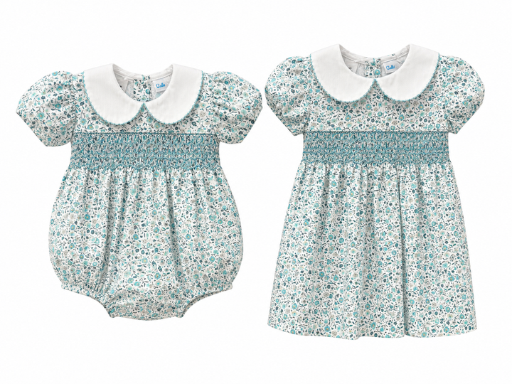 Smocked Aqua Floral Collection - Lulu Bebe