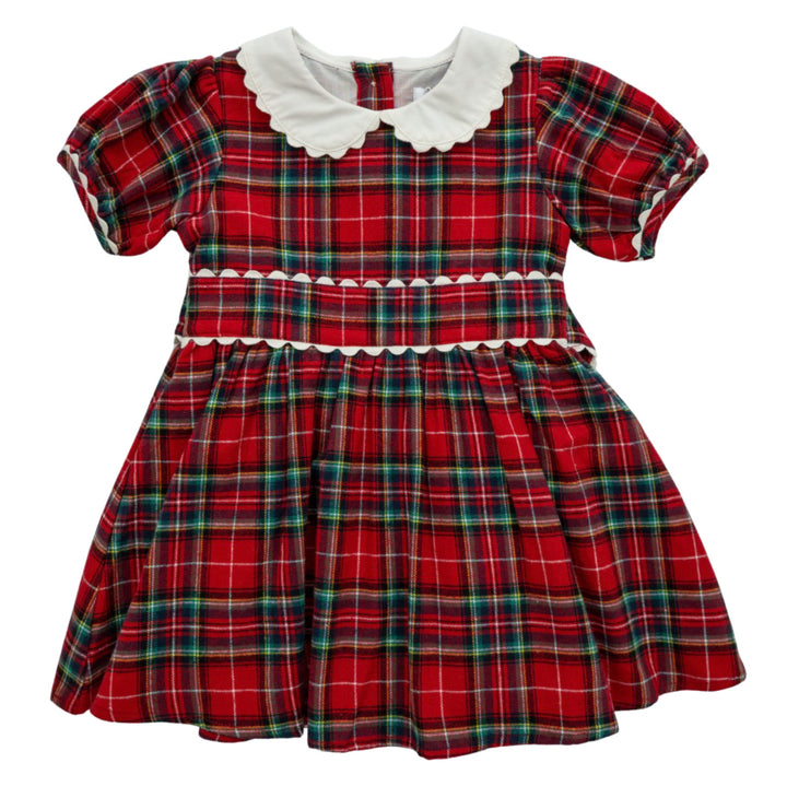 Classic Red Tartan Plaid Dress with White Scalloped Collar - Lulu Bebe