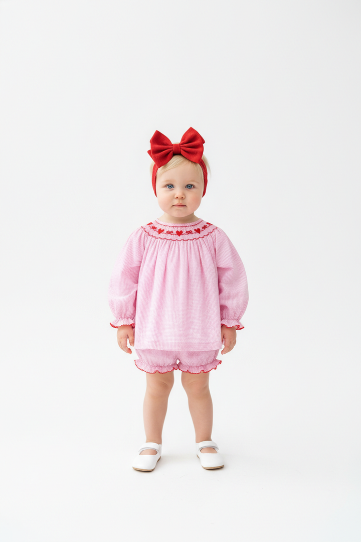 Pink Gingham Smocked Hearts Bloomer Set - petit bébé