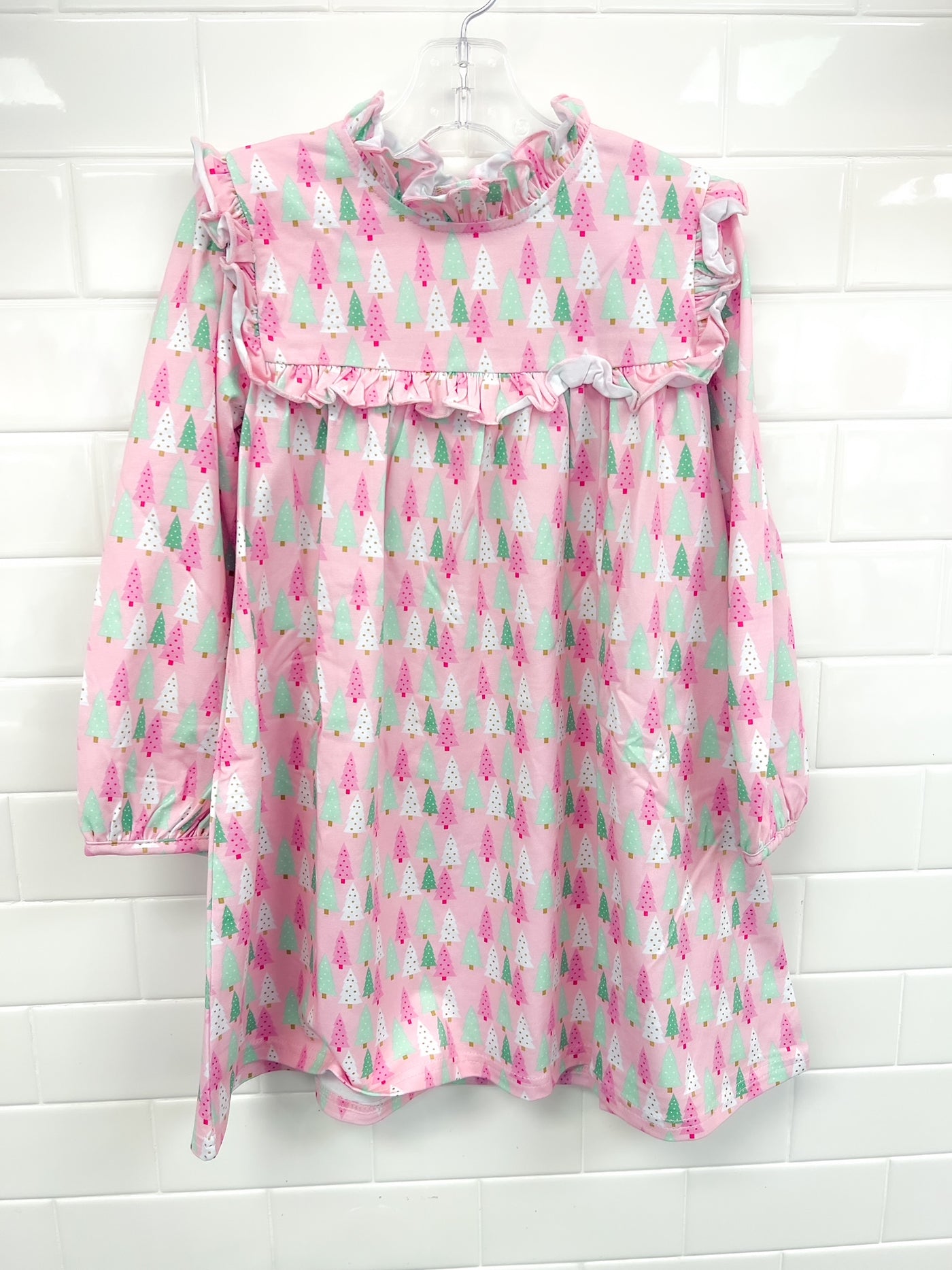 Pink & Green Christmas Tree Dress - Little Louanne