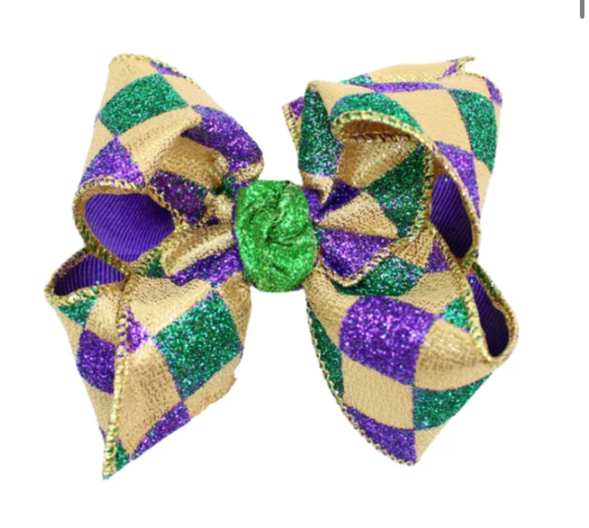 Beyond Creations Mardi Gras Glitter Harlequin Bow - 5"