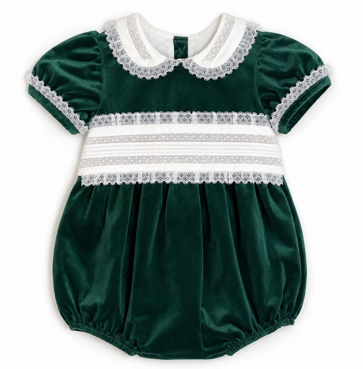 Green Velvet Lace Sash Bubble - Lulu Bebe