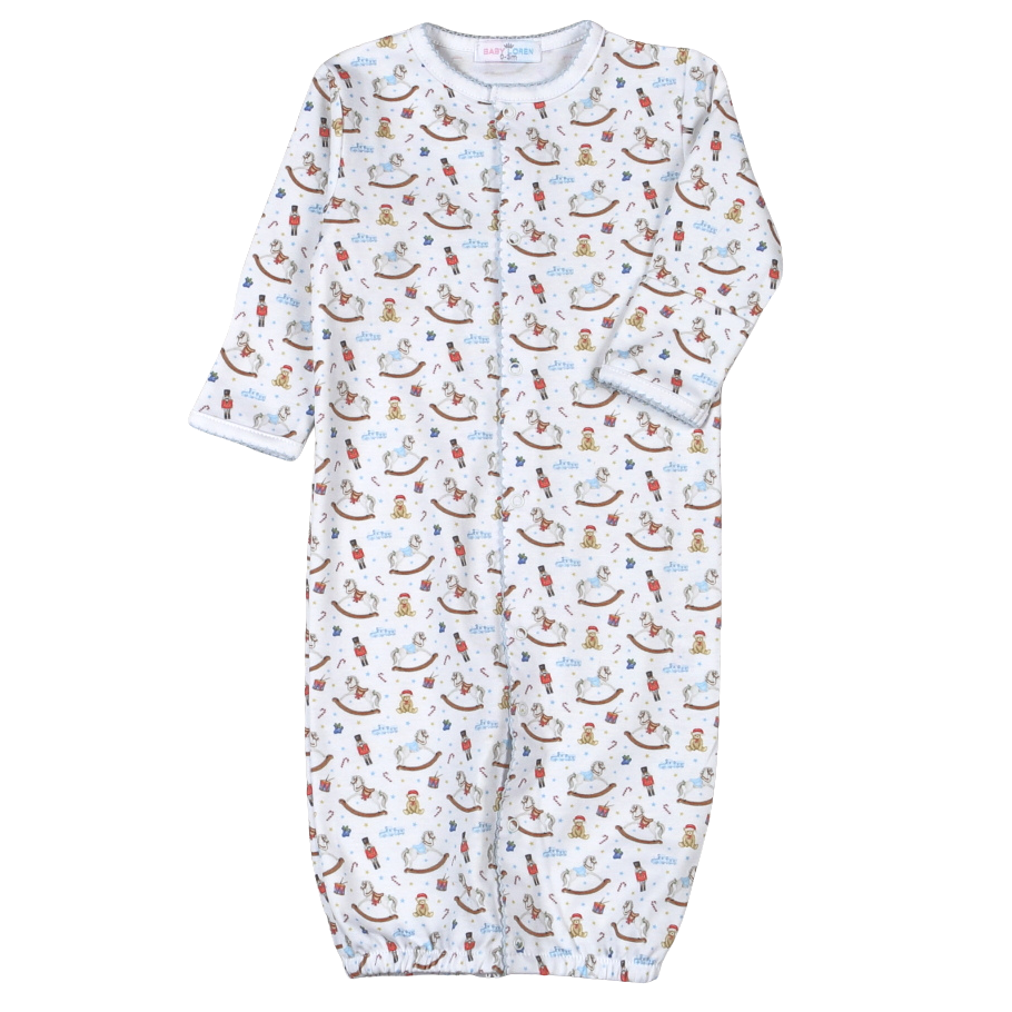 A baby long-sleeve sleep sack with a white background and an all-over print of small brown and red rocking horses with blue accents, shown flat against a white background.