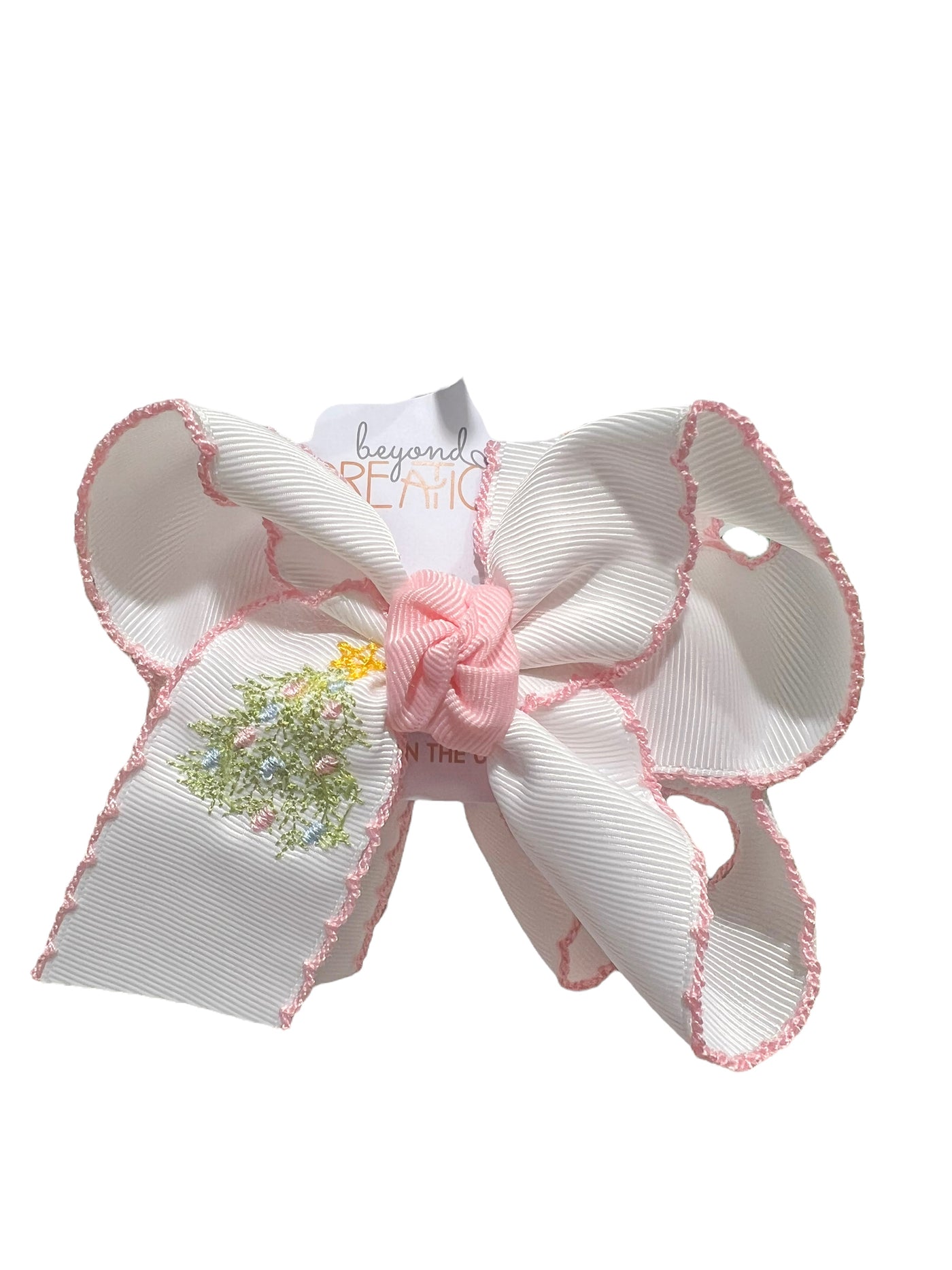 Beyond Creations White Christmas Tree Embroidered Bow - Pink Trim