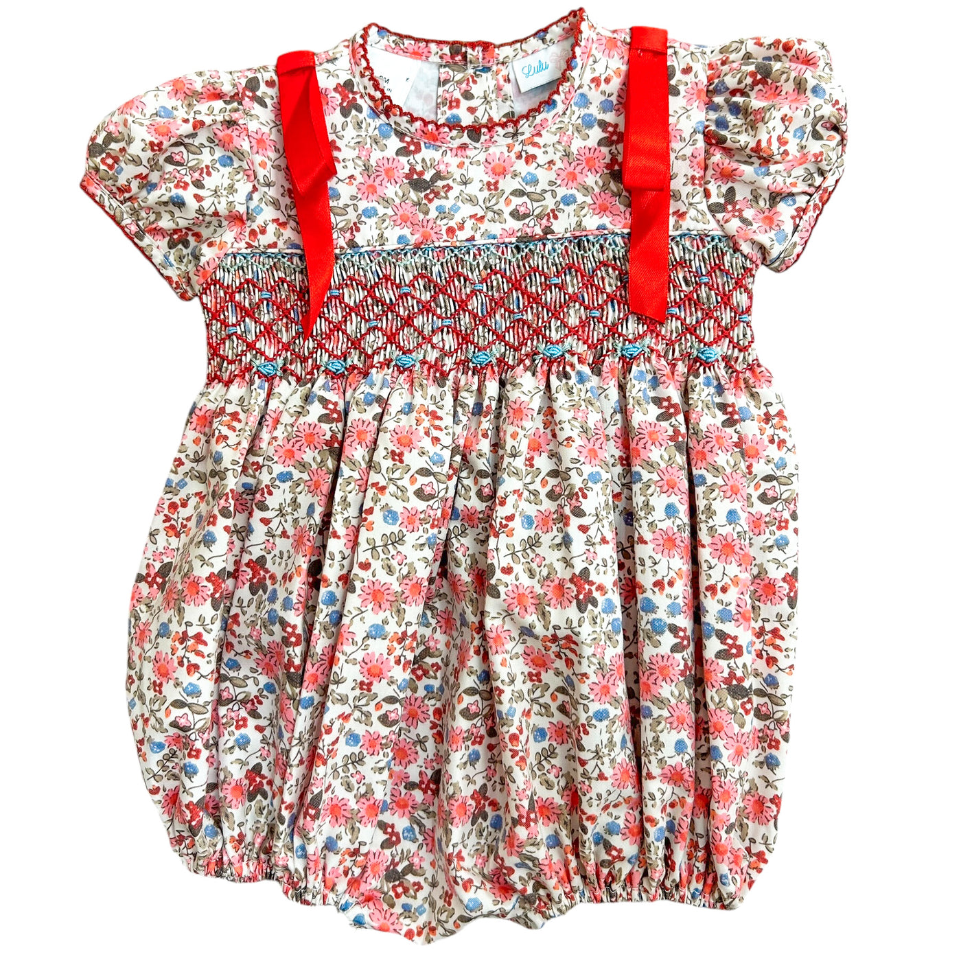 Smocked Red Floral Ribbon Bubble - Lulu Bebe