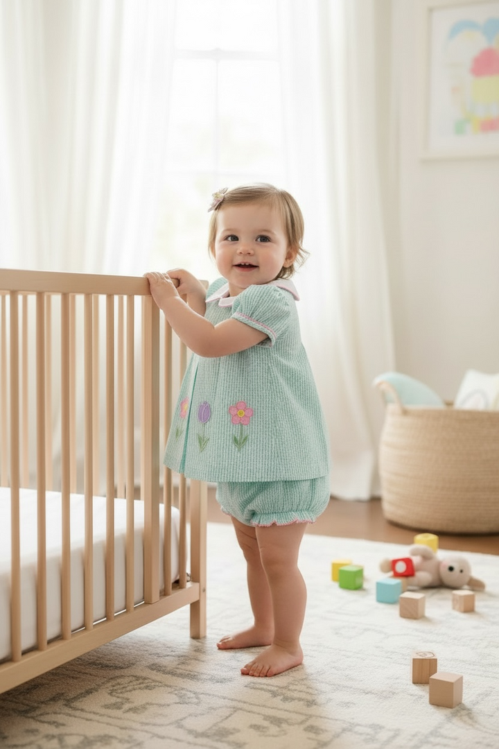 Spring Garden Aqua Seersucker Bloomer Set - Claire & Charlie