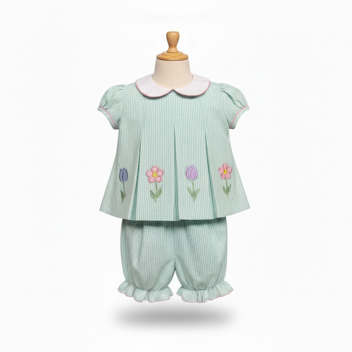 Spring Garden Aqua Seersucker Bloomer Set - Claire & Charlie