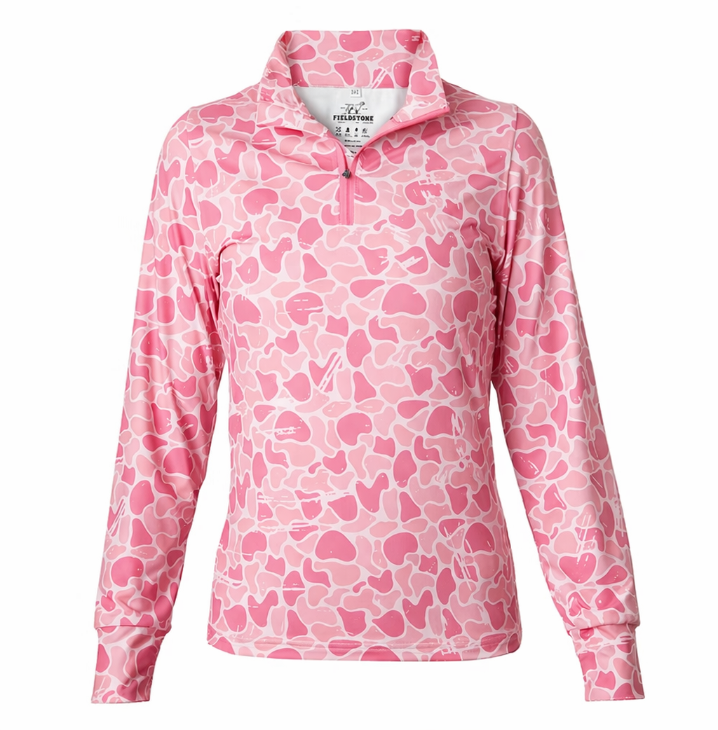 Pink patterned long-sleeve shirt on a white background