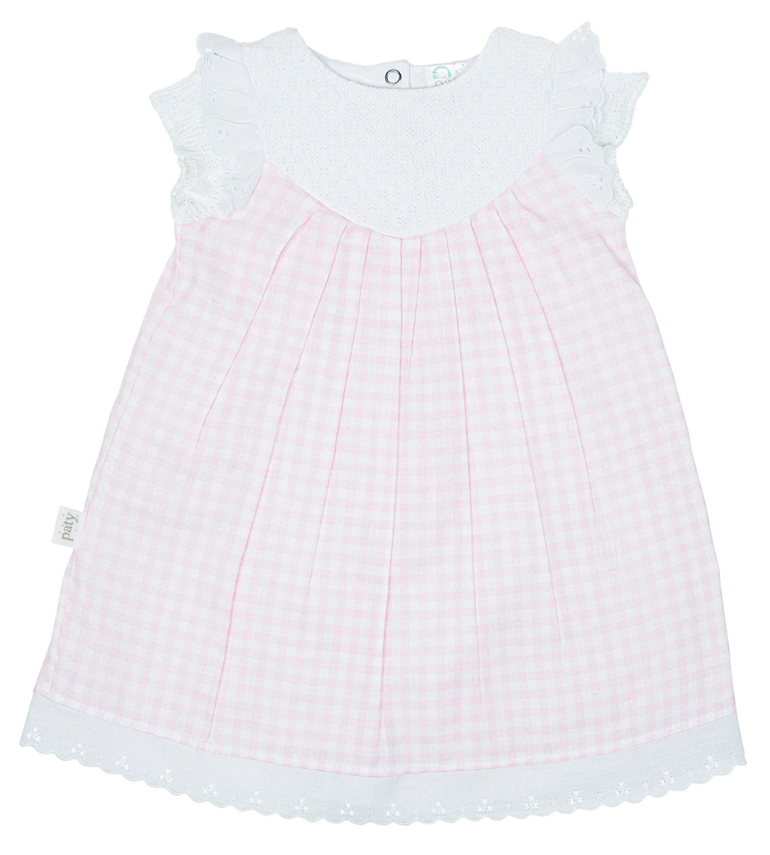 White baby dress with pink stitching on a white background