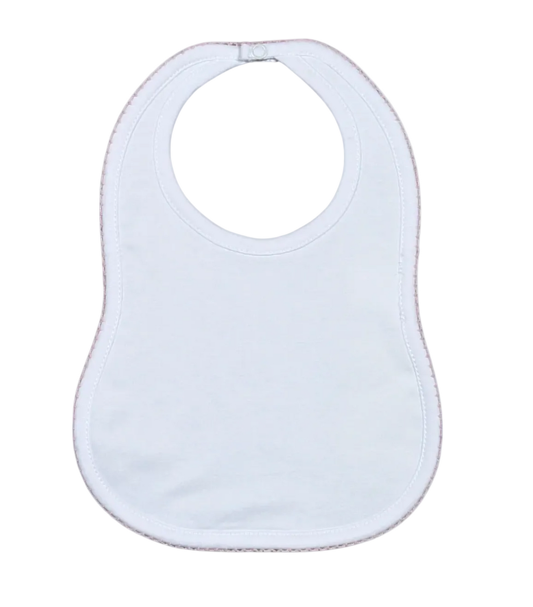 A white fabric baby bib with a rounded neck and curved bottom edge, shown flat against a light gray background.