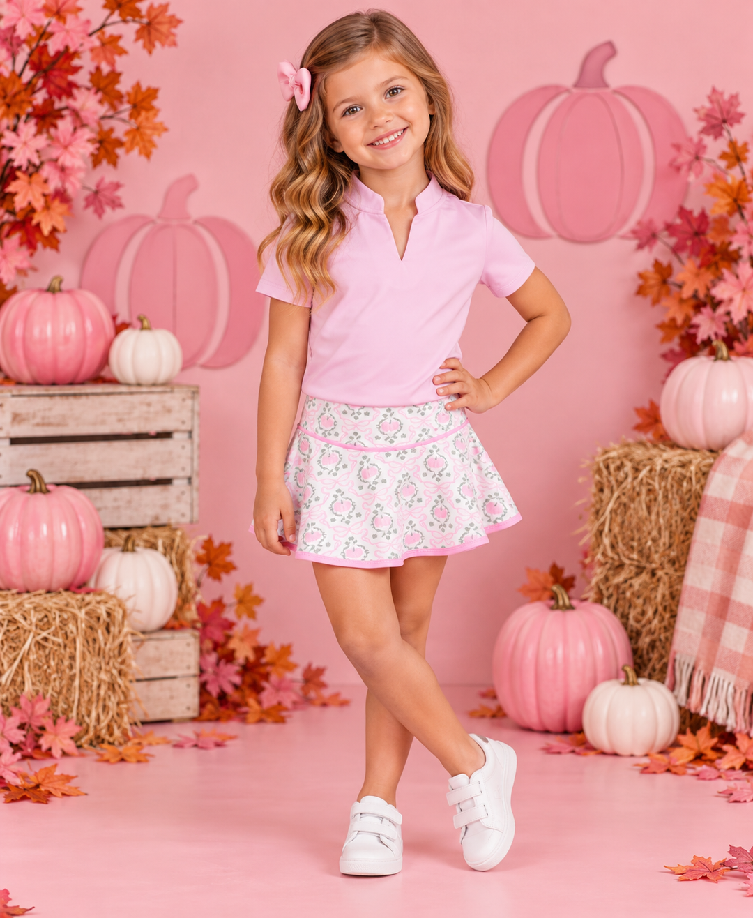 A young girl stands in a fall-themed studio setting wearing a light pink short-sleeve polo shirt and a white patterned tennis skirt with pink trim. The background features pink pumpkins, hay bales, autumn leaves, and a pink plaid blanket.