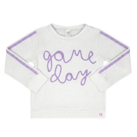 A white long-sleeve sweatshirt with 'game day' written in purple script across the chest, featuring purple stripe details on the sleeves, shown on a plain white background.