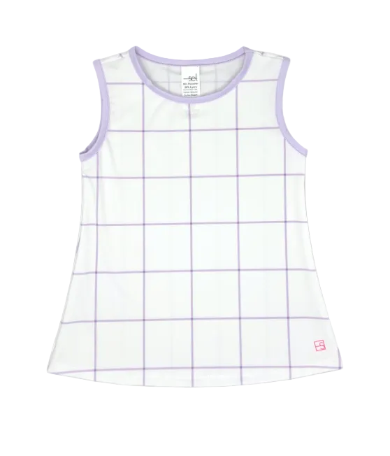 White tank top with purple grid pattern on a light gray background