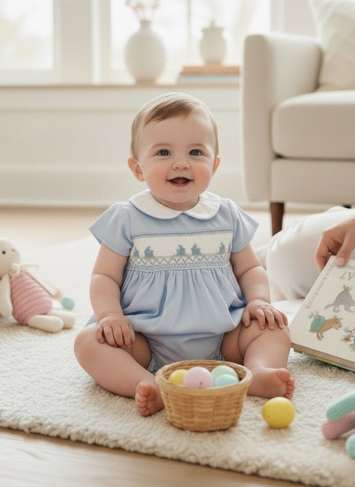 Boys Blue Smocked Bunny Bubble - Lulu Bebe