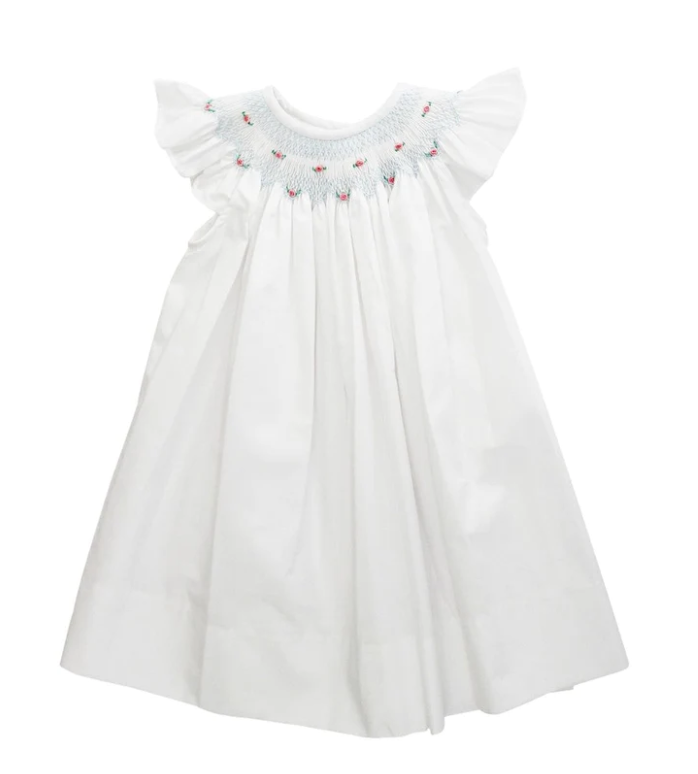 White with Rosebuds Smocked Bishop Dress - J. Bailey - 4T