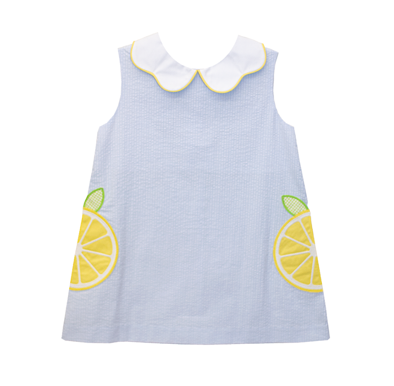 Blue Seersucker Lemon Dress or Bloomer Set
