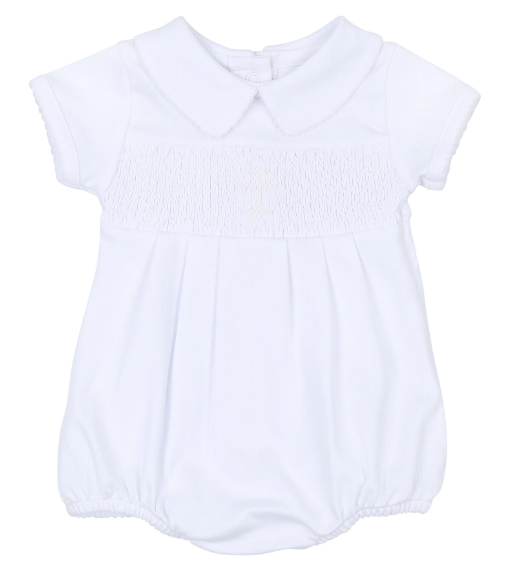 Boys Smocked Cross White Bubble - Magnolia Baby