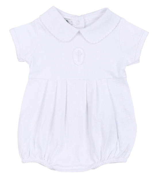 Embroidered White Cross Boys Bubble - Magnolia Baby