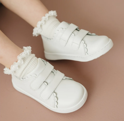 White Velcro Scallop Sneakers - L'Amour Shoes