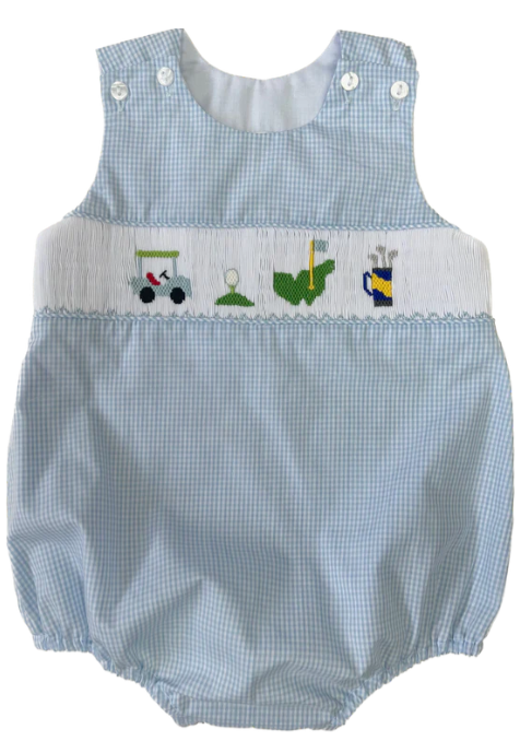 Blue Smocked Golf Jon Jon - Lulu Bebe